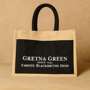 Gretna Green Black and Tan Jute Tote Burlap Bag Famous Blacksmiths Shop 1754